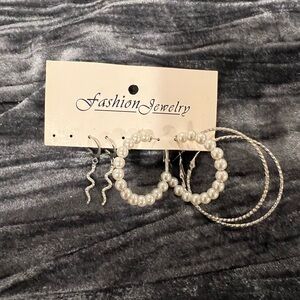 Elegant Pearl and Silver Hoop Earrings Set